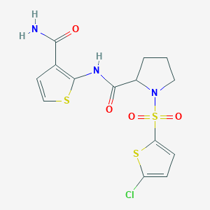molecular formula C14H14ClN3O4S3 B2547442 N-(3-carbamoylthiophen-2-yl)-1-((5-chlorothiophen-2-yl)sulfonyl)pyrrolidine-2-carboxamide CAS No. 1098645-97-6