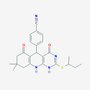 molecular formula C24H26N4O2S B254746 4-(2-butan-2-ylsulfanyl-8,8-dimethyl-4,6-dioxo-5,7,9,10-tetrahydro-1H-pyrimido[4,5-b]quinolin-5-yl)benzonitrile 