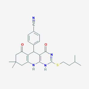 molecular formula C25H28N4O2S B254747 4-[8,8-dimethyl-2-(3-methylbutylsulfanyl)-4,6-dioxo-5,7,9,10-tetrahydro-1H-pyrimido[4,5-b]quinolin-5-yl]benzonitrile 