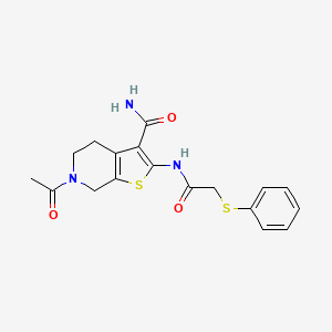 molecular formula C18H19N3O3S2 B2547498 6-乙酰基-2-[(2-苯硫代乙酰基)氨基]-5,7-二氢-4H-噻吩并[2,3-c]吡啶-3-甲酰胺 CAS No. 895486-14-3