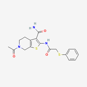 molecular formula C18H19N3O3S2 B2547498 6-アセチル-2-(2-(フェニルチオ)アセトアミド)-4,5,6,7-テトラヒドロチエノ[2,3-c]ピリジン-3-カルボキサミド CAS No. 895486-14-3