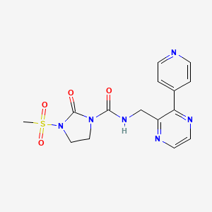 molecular formula C15H16N6O4S B2547557 3-甲磺酰基-2-氧代-N-[{[3-(吡啶-4-基)吡嗪-2-基]甲基}咪唑烷-1-甲酰胺 CAS No. 2034315-26-7