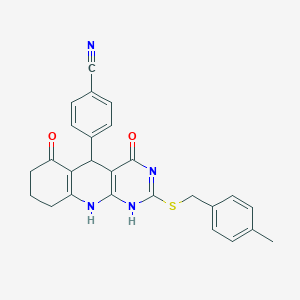 molecular formula C26H22N4O2S B254757 4-[2-[(4-methylphenyl)methylsulfanyl]-4,6-dioxo-1,5,7,8,9,10-hexahydropyrimido[4,5-b]quinolin-5-yl]benzonitrile 