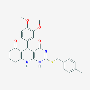 molecular formula C27H27N3O4S B254758 5-(3,4-dimethoxyphenyl)-2-[(4-methylphenyl)methylsulfanyl]-1,5,7,8,9,10-hexahydropyrimido[4,5-b]quinoline-4,6-dione 