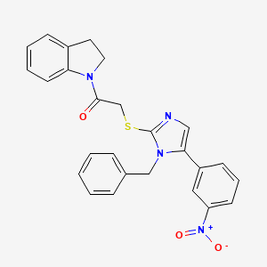 molecular formula C26H22N4O3S B2547679 2-((1-苄基-5-(3-硝基苯基)-1H-咪唑-2-基)硫代)-1-(吲哚-1-基)乙酮 CAS No. 1235267-85-2