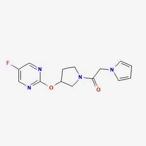 molecular formula C14H15FN4O2 B2547689 1-(3-((5-fluoropyrimidin-2-yl)oxy)pyrrolidin-1-yl)-2-(1H-pyrrol-1-yl)ethanone CAS No. 2034296-34-7