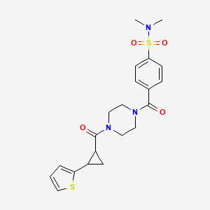 molecular formula C21H25N3O4S2 B2547706 N,N-二甲基-4-(4-(2-(噻吩-2-基)环丙烷羰基)哌嗪-1-羰基)苯磺酰胺 CAS No. 1210883-89-8