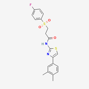molecular formula C20H19FN2O3S2 B2547742 N-(4-(3,4-dimethylphenyl)thiazol-2-yl)-3-((4-fluorophenyl)sulfonyl)propanamide CAS No. 895472-51-2