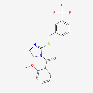 molecular formula C19H17F3N2O2S B2547764 (2-methoxyphenyl)(2-((3-(trifluoromethyl)benzyl)thio)-4,5-dihydro-1H-imidazol-1-yl)methanone CAS No. 851805-59-9