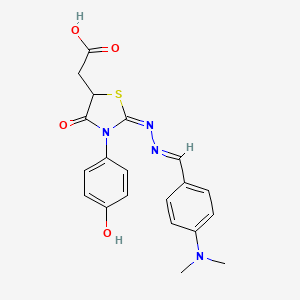 2-((E)-2-((E)-(4-(dimethylamino)benzylidene)hydrazono)-3-(4-hydroxyphenyl)-4-oxothiazolidin-5-yl)acetic acid