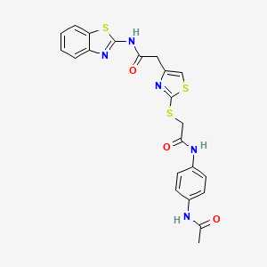 molecular formula C22H19N5O3S3 B2547835 N-(4-acetamidophenyl)-2-((4-(2-(benzo[d]thiazol-2-ylamino)-2-oxoethyl)thiazol-2-yl)thio)acetamide CAS No. 941892-03-1