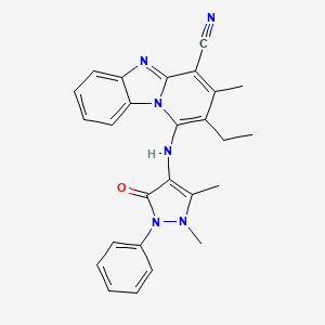 molecular formula C26H24N6O B2547883 1-[(1,5-dimethyl-3-oxo-2-phenyl-2,3-dihydro-1H-pyrazol-4-yl)amino]-2-ethyl-3-methylpyrido[1,2-a]benzimidazole-4-carbonitrile CAS No. 307327-38-4