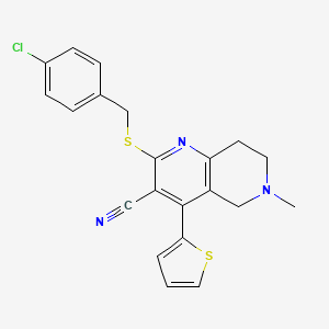 molecular formula C21H18ClN3S2 B2547891 2-[(4-Chlorobenzyl)sulfanyl]-6-methyl-4-(2-thienyl)-5,6,7,8-tetrahydro[1,6]naphthyridine-3-carbonitrile CAS No. 387831-24-5