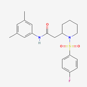 molecular formula C21H25FN2O3S B2547914 N-(3,5-ジメチルフェニル)-2-(1-((4-フルオロフェニル)スルホニル)ピペリジン-2-イル)アセトアミド CAS No. 1021074-42-9