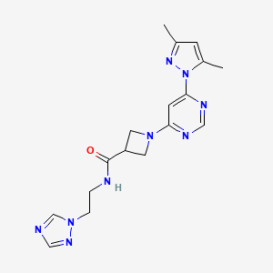 molecular formula C17H21N9O B2548081 N-(2-(1H-1,2,4-三唑-1-基)乙基)-1-(6-(3,5-二甲基-1H-吡唑-1-基)嘧啶-4-基)氮杂环丁-3-甲酰胺 CAS No. 2034583-00-9