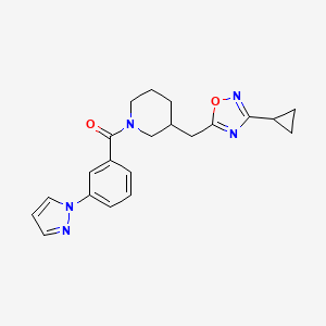 molecular formula C21H23N5O2 B2548230 (3-(1H-pyrazol-1-yl)phenyl)(3-((3-cyclopropyl-1,2,4-oxadiazol-5-yl)methyl)piperidin-1-yl)methanone CAS No. 1705107-19-2