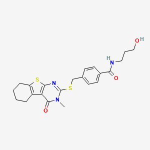 molecular formula C22H25N3O3S2 B2548248 N-(3-羟基丙基)-4-[(3-甲基-4-氧代-5,6,7,8-四氢-[1]苯并噻螺[2,3-d]嘧啶-2-基)硫代甲基]苯甲酰胺 CAS No. 327094-56-4