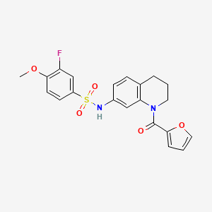 molecular formula C21H19FN2O5S B2548258 3-fluoro-N-[1-(2-furoyl)-1,2,3,4-tetrahydroquinolin-7-yl]-4-methoxybenzenesulfonamide CAS No. 1005298-61-2