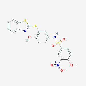 molecular formula C20H15N3O6S3 B254826 N-[3-(1,3-benzothiazol-2-ylsulfanyl)-4-hydroxyphenyl]-3-nitro-4-methoxybenzenesulfonamide 