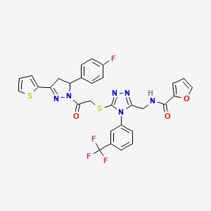 molecular formula C30H22F4N6O3S2 B2548280 N-((5-((2-(5-(4-fluorophenyl)-3-(thiophen-2-yl)-4,5-dihydro-1H-pyrazol-1-yl)-2-oxoethyl)thio)-4-(3-(trifluoromethyl)phenyl)-4H-1,2,4-triazol-3-yl)methyl)furan-2-carboxamide CAS No. 393586-01-1