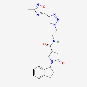 molecular formula C21H23N7O3 B2548296 1-(2,3-dihydro-1H-inden-1-yl)-N-(2-(4-(3-methyl-1,2,4-oxadiazol-5-yl)-1H-1,2,3-triazol-1-yl)ethyl)-5-oxopyrrolidine-3-carboxamide CAS No. 2034393-25-2