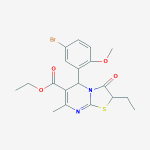 molecular formula C19H21BrN2O4S B254833 ethyl 5-(5-bromo-2-methoxyphenyl)-2-ethyl-7-methyl-3-oxo-2,3-dihydro-5H-[1,3]thiazolo[3,2-a]pyrimidine-6-carboxylate 