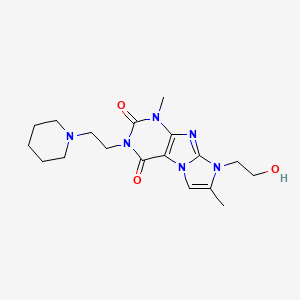 molecular formula C18H26N6O3 B2548372 8-(2-hydroxyethyl)-1,7-dimethyl-3-(2-(piperidin-1-yl)ethyl)-1H-imidazo[2,1-f]purine-2,4(3H,8H)-dione CAS No. 919008-97-2