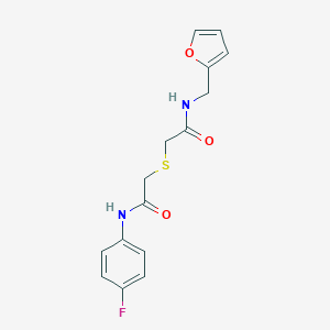 molecular formula C15H15FN2O3S B254846 2-[2-(4-fluoroanilino)-2-oxoethyl]sulfanyl-N-(furan-2-ylmethyl)acetamide 