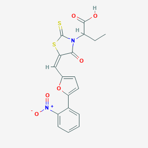 molecular formula C18H14N2O6S2 B254856 2-[(5E)-5-{[5-(2-nitrophenyl)furan-2-yl]methylidene}-4-oxo-2-thioxo-1,3-thiazolidin-3-yl]butanoic acid 