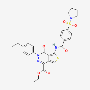molecular formula C29H30N4O6S2 B2548576 3-(4-异丙苯基)-4-氧代-5-(4-(吡咯烷-1-磺酰基)苯甲酰胺)-3,4-二氢噻吩并[3,4-d]嘧啶-1-羧酸乙酯 CAS No. 887224-55-7