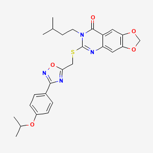 molecular formula C26H28N4O5S B2548588 7-isopentyl-6-(((3-(4-isopropoxyphenyl)-1,2,4-oxadiazol-5-yl)methyl)thio)-[1,3]dioxolo[4,5-g]quinazolin-8(7H)-one CAS No. 1112028-20-2