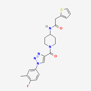molecular formula C21H22FN5O2S B2548731 N-(1-(1-(4-fluoro-3-methylphenyl)-1H-1,2,3-triazole-4-carbonyl)piperidin-4-yl)-2-(thiophen-2-yl)acetamide CAS No. 1251631-14-7