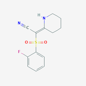 molecular formula C13H13FN2O2S B2548745 (2E)-[(2-fluorophenyl)sulfonyl](piperidin-2-ylidene)acetonitrile CAS No. 1454881-43-6