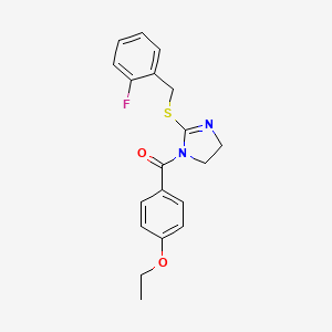 molecular formula C19H19FN2O2S B2548798 (4-ethoxyphenyl)(2-((2-fluorobenzyl)thio)-4,5-dihydro-1H-imidazol-1-yl)methanone CAS No. 851806-79-6