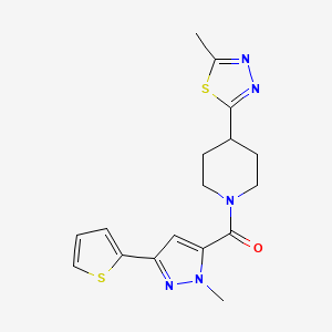 molecular formula C17H19N5OS2 B2548834 (4-(5-methyl-1,3,4-thiadiazol-2-yl)piperidin-1-yl)(1-methyl-3-(thiophen-2-yl)-1H-pyrazol-5-yl)methanone CAS No. 1396760-43-2