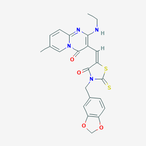 molecular formula C23H20N4O4S2 B254891 3-{[3-(1,3-benzodioxol-5-ylmethyl)-4-oxo-2-thioxo-1,3-thiazolidin-5-ylidene]methyl}-2-(ethylamino)-7-methyl-4H-pyrido[1,2-a]pyrimidin-4-one 