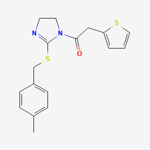 molecular formula C17H18N2OS2 B2548912 1-[2-[(4-Methylphenyl)methylsulfanyl]-4,5-dihydroimidazol-1-yl]-2-thiophen-2-ylethanone CAS No. 851805-30-6