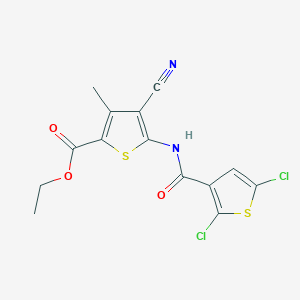 molecular formula C14H10Cl2N2O3S2 B2548915 Ethyl 4-cyano-5-(2,5-dichlorothiophene-3-carboxamido)-3-methylthiophene-2-carboxylate CAS No. 896325-44-3