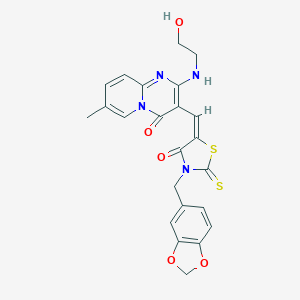 molecular formula C23H20N4O5S2 B254892 3-{[3-(1,3-benzodioxol-5-ylmethyl)-4-oxo-2-thioxo-1,3-thiazolidin-5-ylidene]methyl}-2-[(2-hydroxyethyl)amino]-7-methyl-4H-pyrido[1,2-a]pyrimidin-4-one 