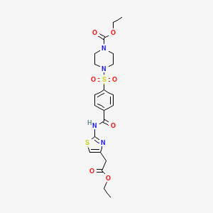 molecular formula C21H26N4O7S2 B2548982 Ethyl 4-((4-((4-(2-ethoxy-2-oxoethyl)thiazol-2-yl)carbamoyl)phenyl)sulfonyl)piperazine-1-carboxylate CAS No. 361174-28-9