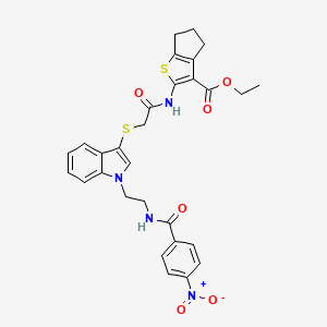molecular formula C29H28N4O6S2 B2549026 ethyl 2-[[2-[1-[2-[(4-nitrobenzoyl)amino]ethyl]indol-3-yl]sulfanylacetyl]amino]-5,6-dihydro-4H-cyclopenta[b]thiophene-3-carboxylate CAS No. 532973-80-1
