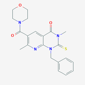 molecular formula C21H22N4O3S B025491 Morpholine, 4-((1,2,3,4-tetrahydro-3,7-dimethyl-4-oxo-1-(phenylmethyl)-2-thioxopyrido(2,3-d)pyrimidin-6-yl)carbonyl)- CAS No. 109493-34-7