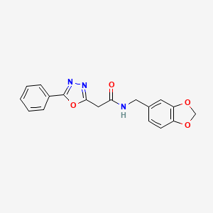 molecular formula C18H15N3O4 B2549115 N-(benzo[d][1,3]dioxol-5-ylmethyl)-2-(5-phenyl-1,3,4-oxadiazol-2-yl)acetamide CAS No. 1286724-62-6