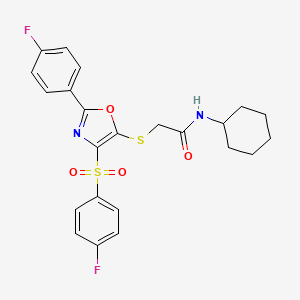 molecular formula C23H22F2N2O4S2 B2549124 N-cyclohexyl-2-[[2-(4-fluorophenyl)-4-(4-fluorophenyl)sulfonyl-1,3-oxazol-5-yl]sulfanyl]acetamide CAS No. 850927-23-0