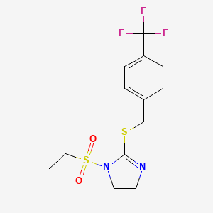 molecular formula C13H15F3N2O2S2 B2549155 1-(ethanesulfonyl)-2-({[4-(trifluoromethyl)phenyl]methyl}sulfanyl)-4,5-dihydro-1H-imidazole CAS No. 868218-24-0