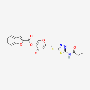 molecular formula C20H15N3O6S2 B2549200 4-oxo-6-(((5-propionamido-1,3,4-thiadiazol-2-yl)thio)methyl)-4H-pyran-3-yl benzofuran-2-carboxylate CAS No. 896007-97-9