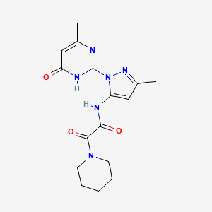 molecular formula C16H20N6O3 B2549263 N-(3-甲基-1-(4-甲基-6-氧代-1,6-二氢嘧啶-2-基)-1H-吡唑-5-基)-2-氧代-2-(哌啶-1-基)乙酰胺 CAS No. 1014089-14-5