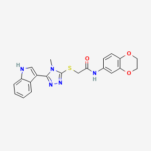 molecular formula C21H19N5O3S B2549288 2-((5-(1H-indol-3-yl)-4-methyl-4H-1,2,4-triazol-3-yl)thio)-N-(2,3-dihydrobenzo[b][1,4]dioxin-6-yl)acetamide CAS No. 852142-99-5