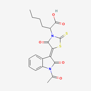 molecular formula C19H18N2O5S2 B2549302 (Z)-2-(5-(1-acetyl-2-oxoindolin-3-ylidene)-4-oxo-2-thioxothiazolidin-3-yl)hexanoic acid CAS No. 868142-38-5
