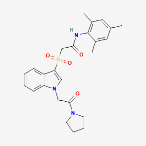 molecular formula C25H29N3O4S B2549312 N-mesityl-2-((1-(2-oxo-2-(pyrrolidin-1-yl)ethyl)-1H-indol-3-yl)sulfonyl)acetamide CAS No. 878056-13-4